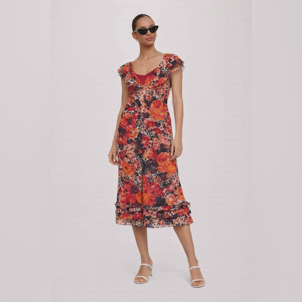 Tricotto Red and Orange Floral Midi Dress